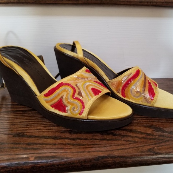 Armando Pollini Design Shoes - Armando Pollini Yellow Sequined Wedge Sandals Armando Pollini Design Shoes - Armando Pollini Yellow Sequined Wedge Sandals